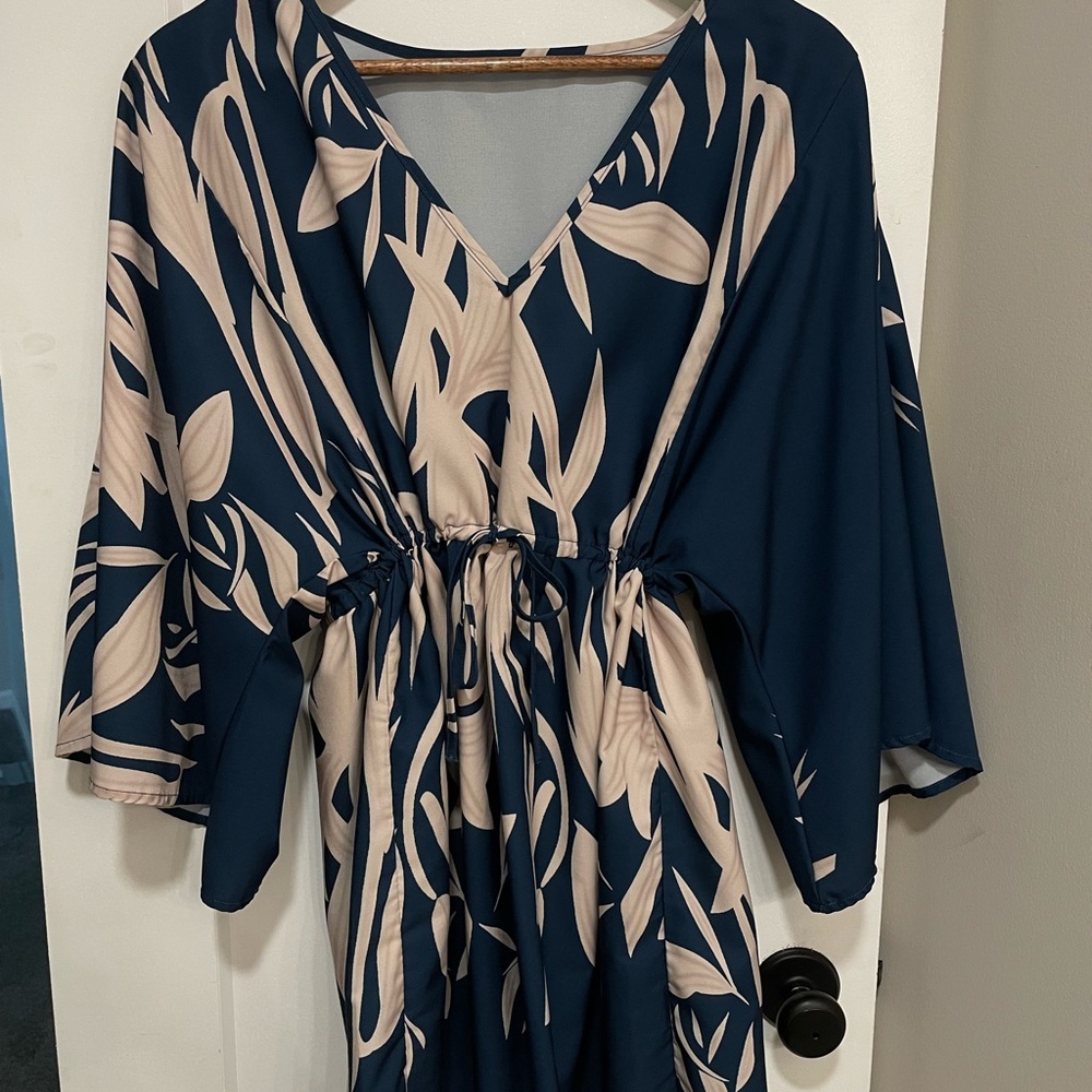 Blue and Cream Wrap Sundress with Dolman Sleeves